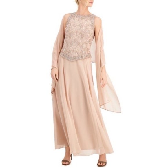 J Kara Beaded Gown & Chiffon Scarf - Blush/Multi Size 14 New - Picture 1 of 2